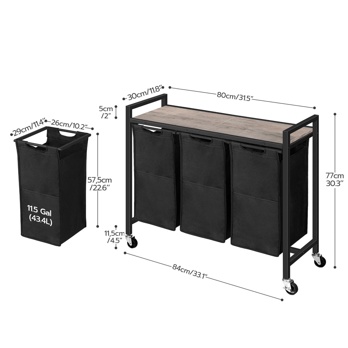 3-Section Rolling Laundry Sorter