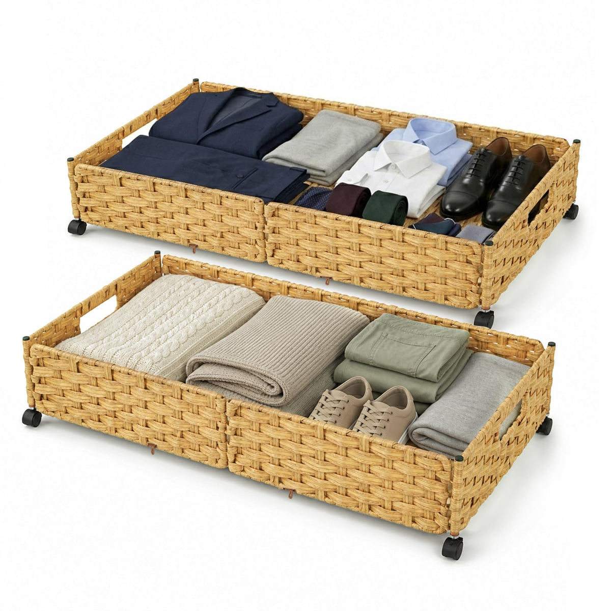 2-Pack Rolling Rattan Underbed Bins