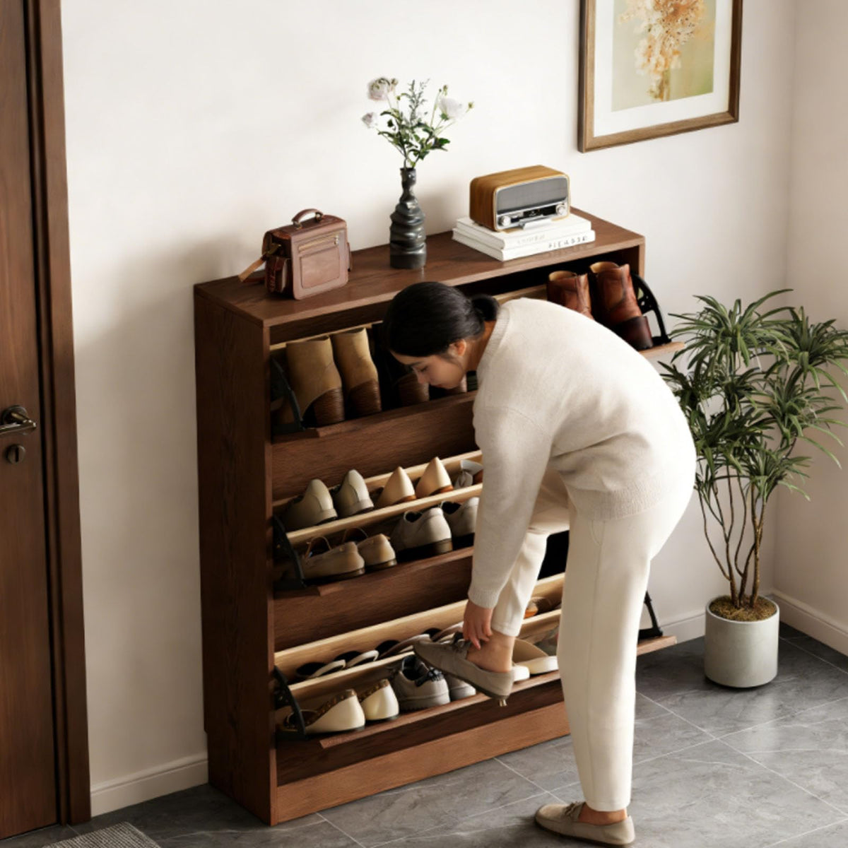 Solid Wood Flip-Drawer Shoe Cabinet