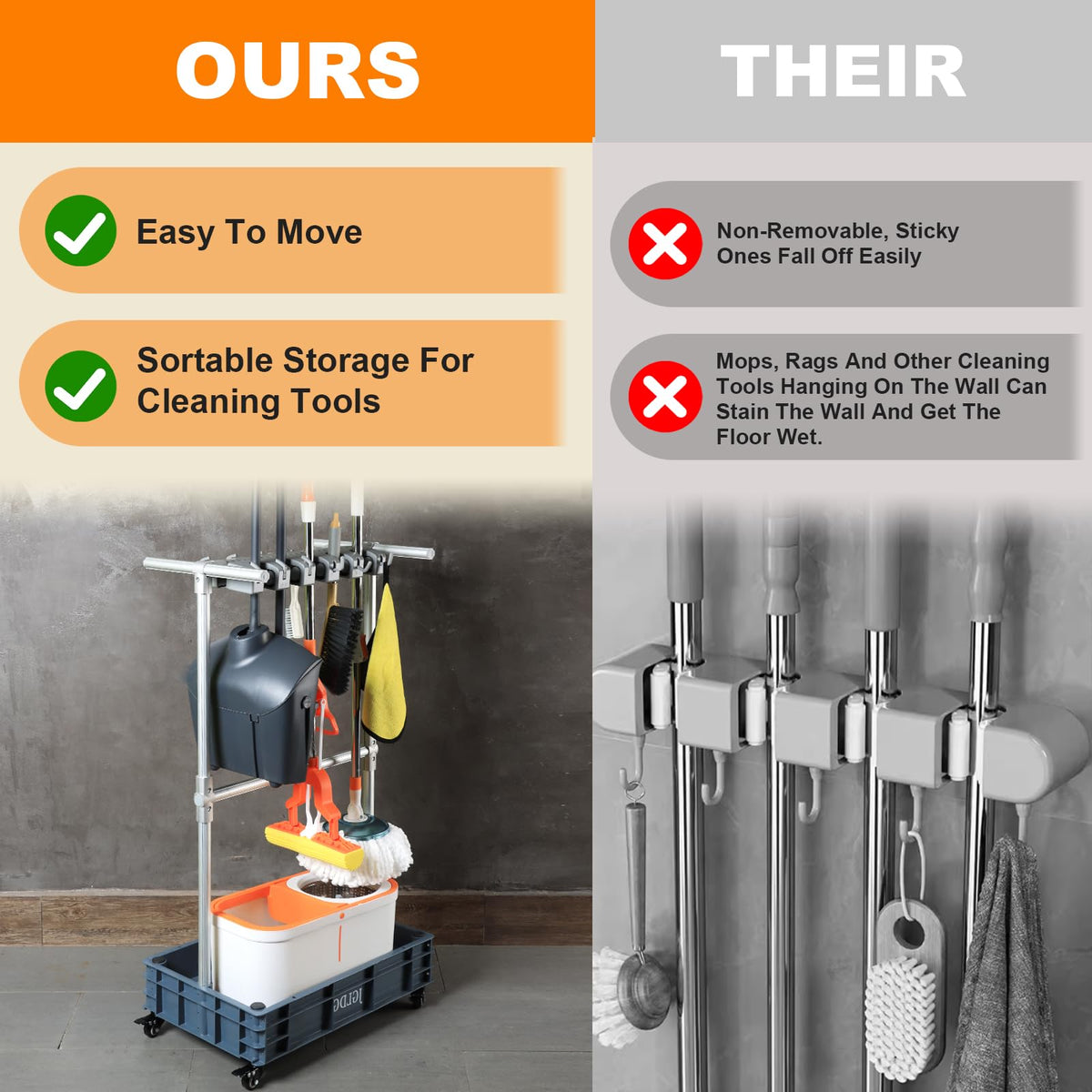 Rolling Mop and Broom Organizer