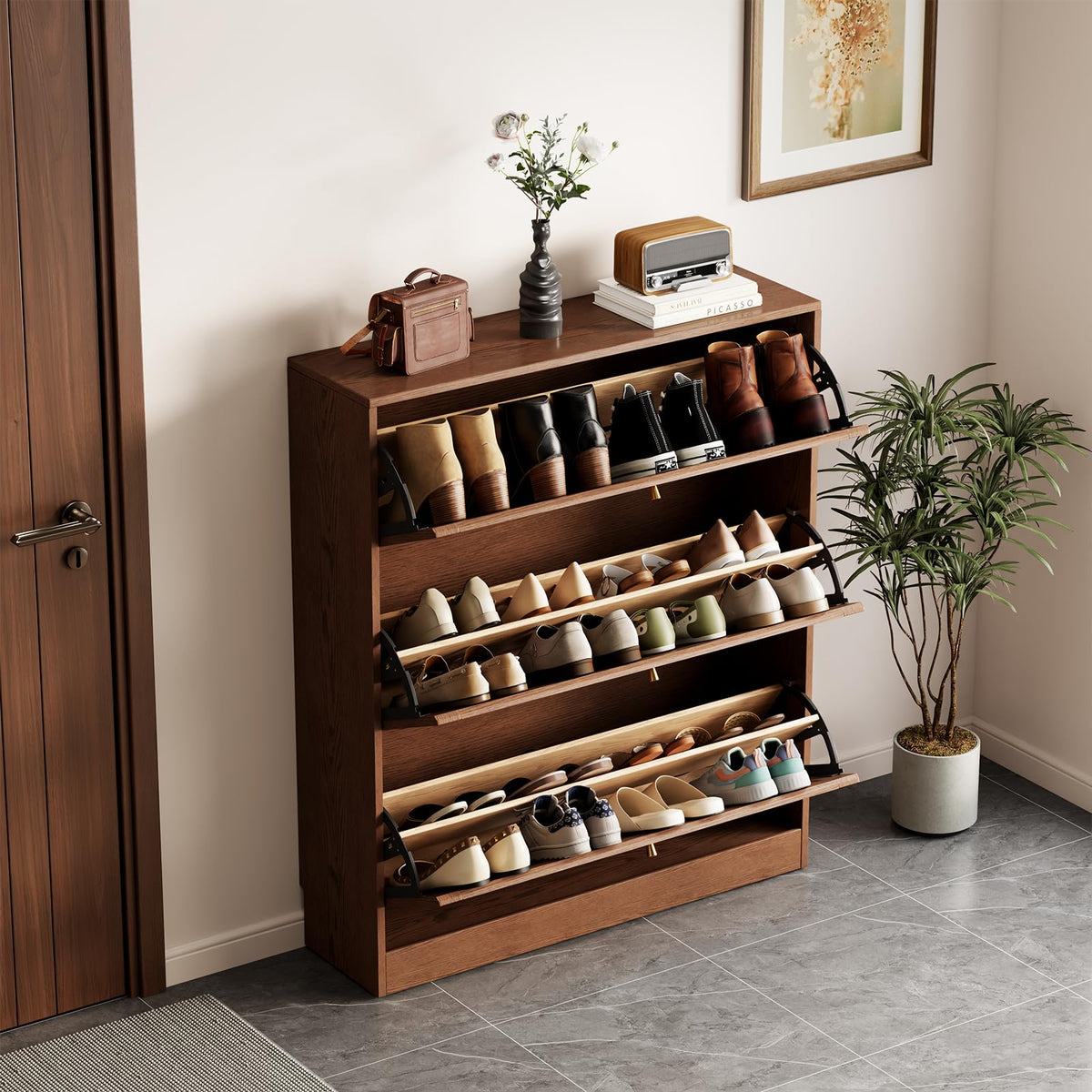 Solid Wood Flip-Drawer Shoe Cabinet