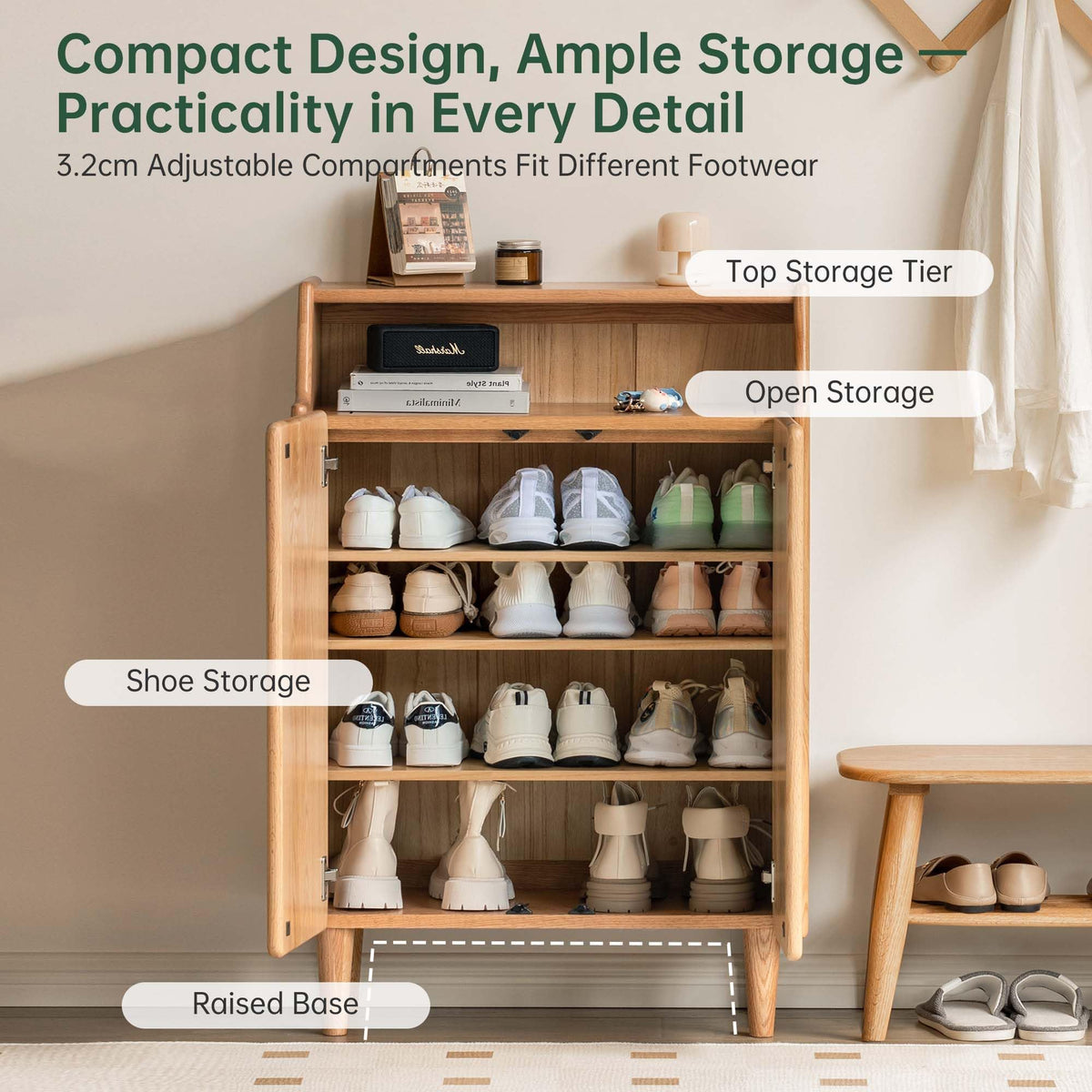 Solid Wood Adjustable Shoe Cabinet