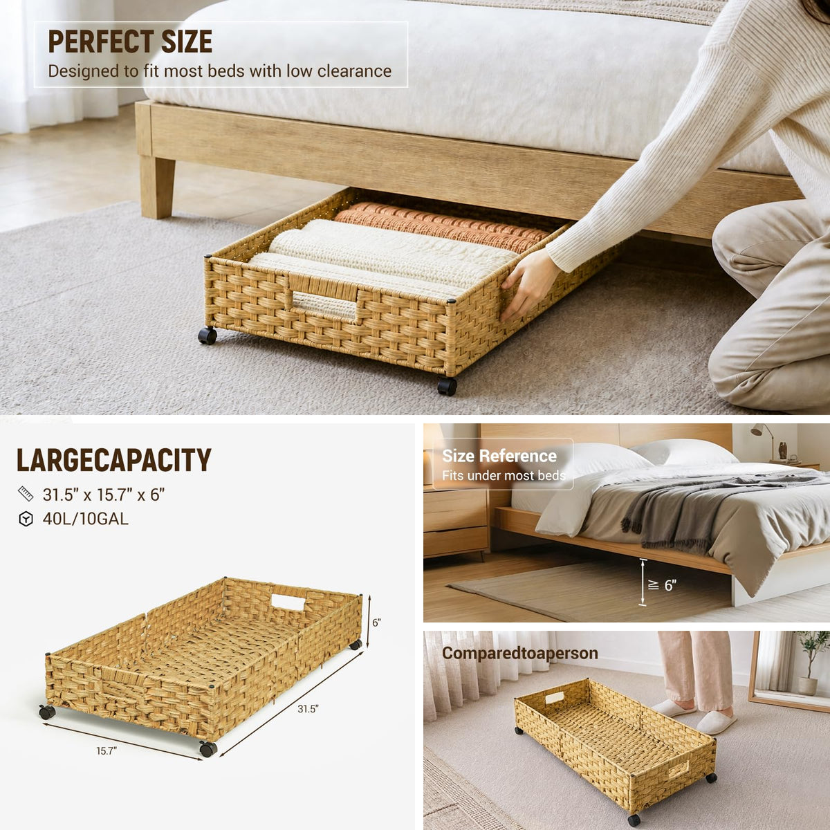 2-Pack Rolling Rattan Underbed Bins