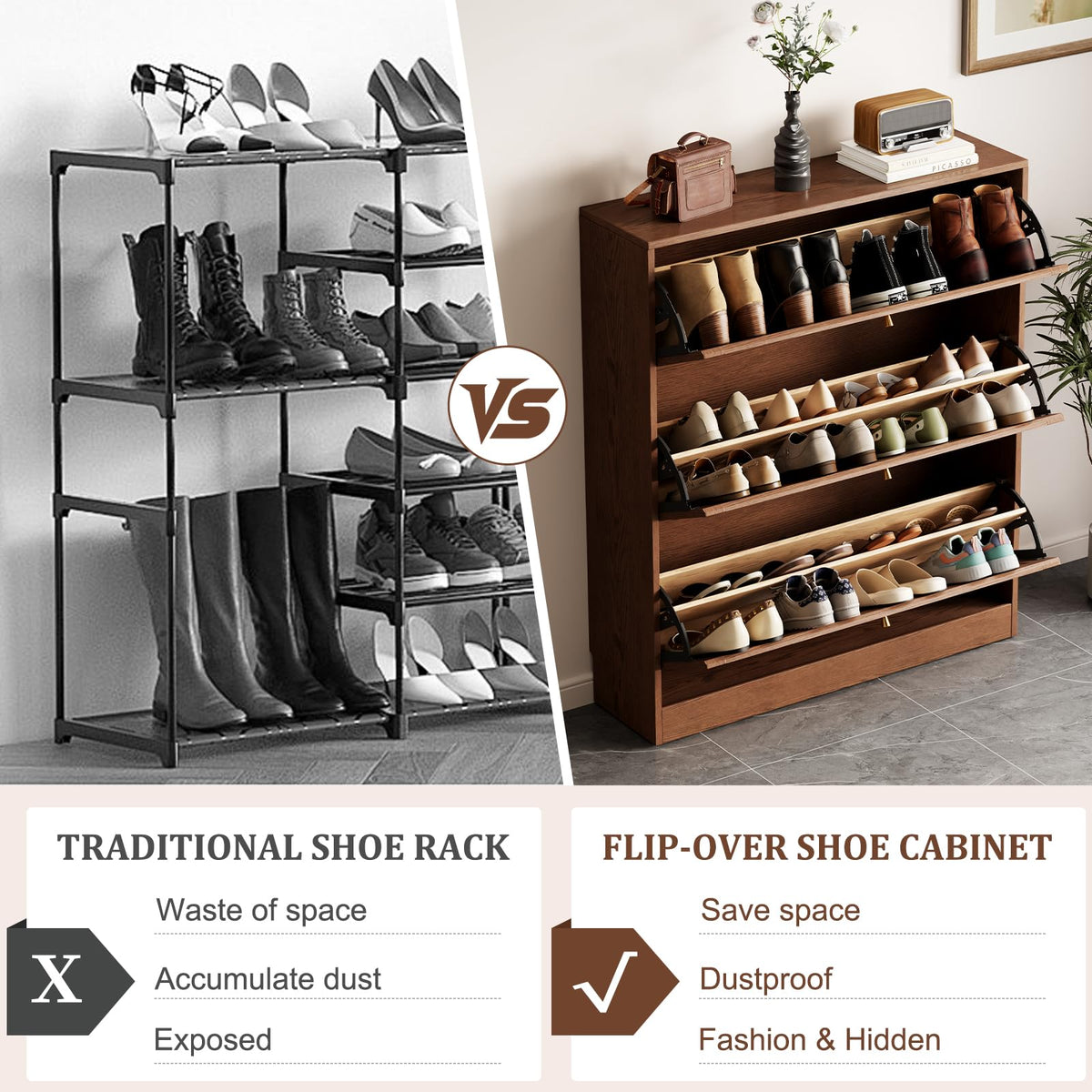 Solid Wood Flip-Drawer Shoe Cabinet