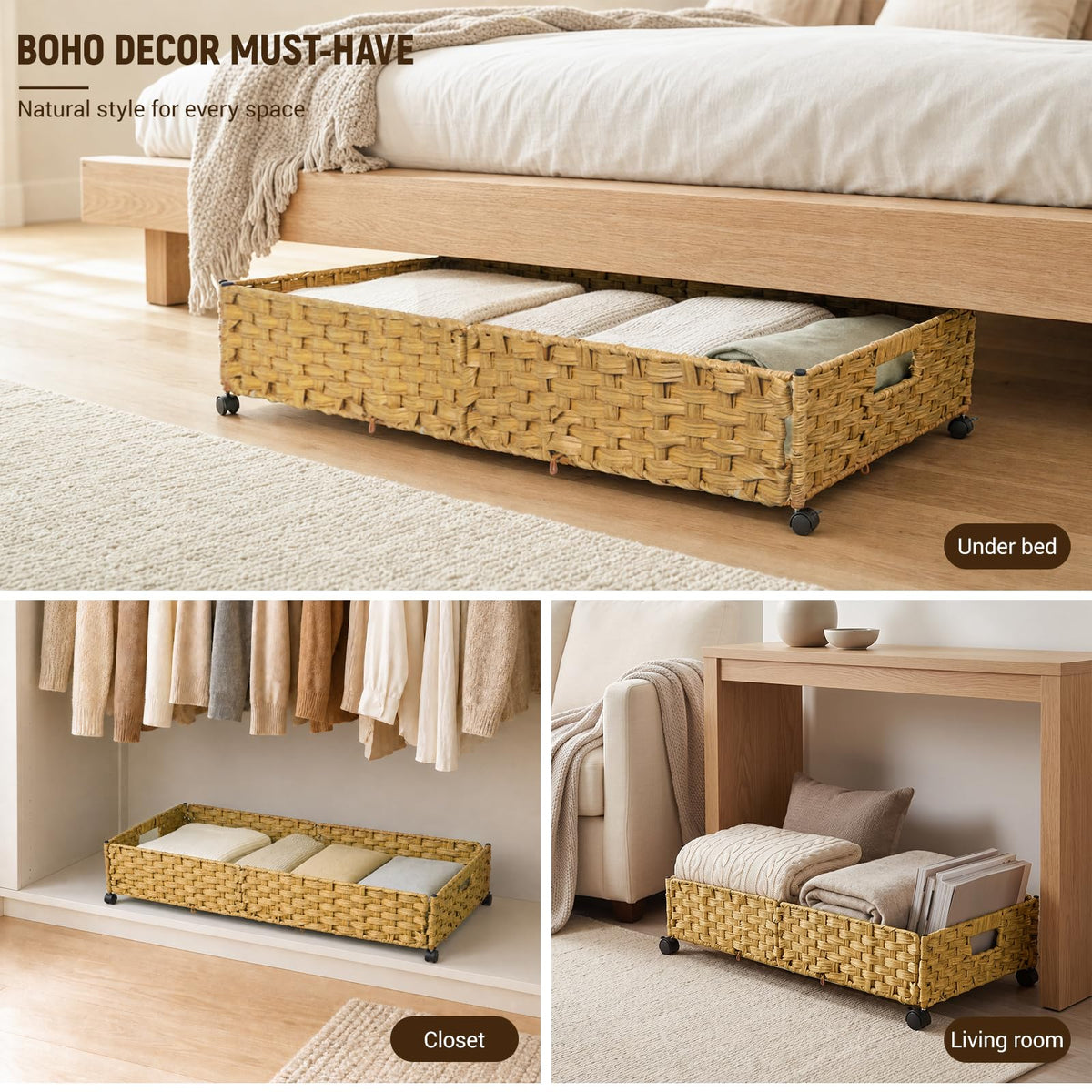 2-Pack Rolling Rattan Underbed Bins