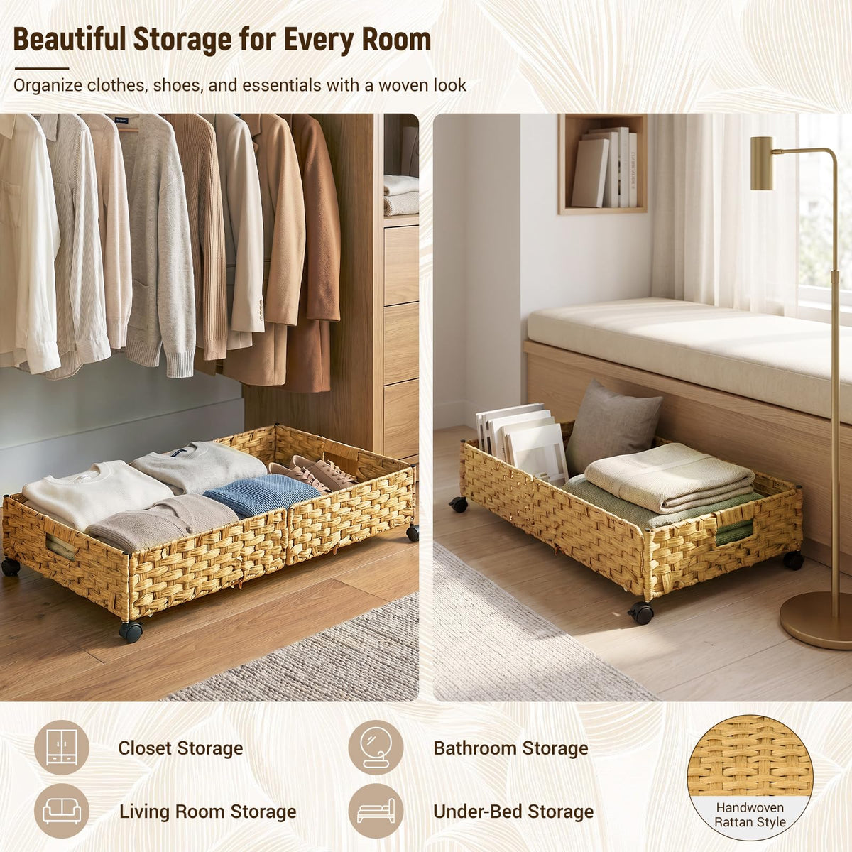 2-Pack Rolling Rattan Underbed Bins