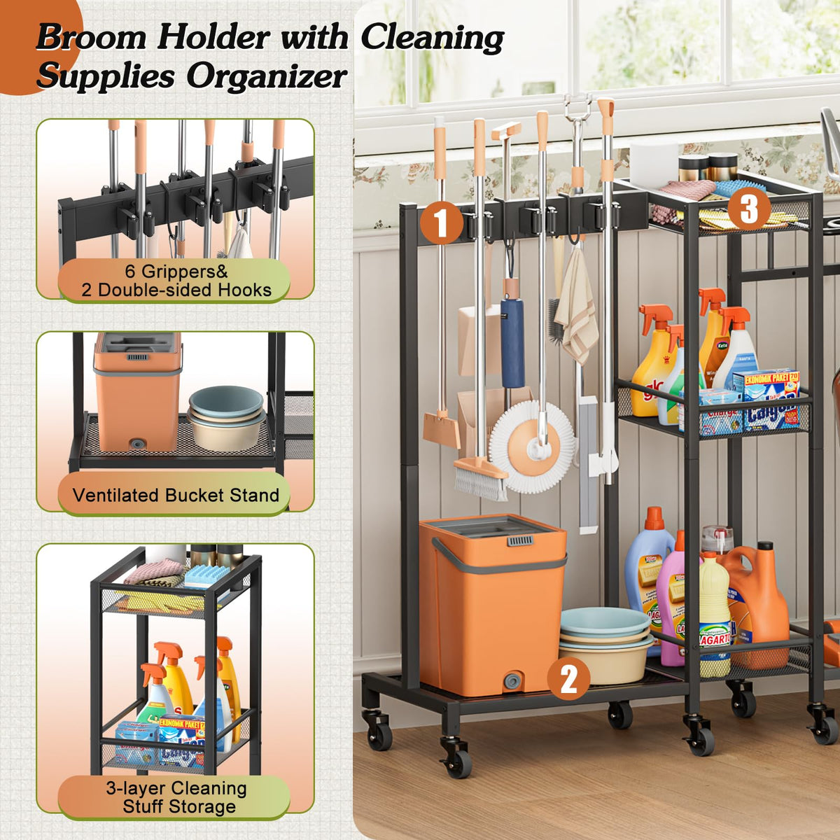 Cleaning Supply Cart with Vacuum Stand